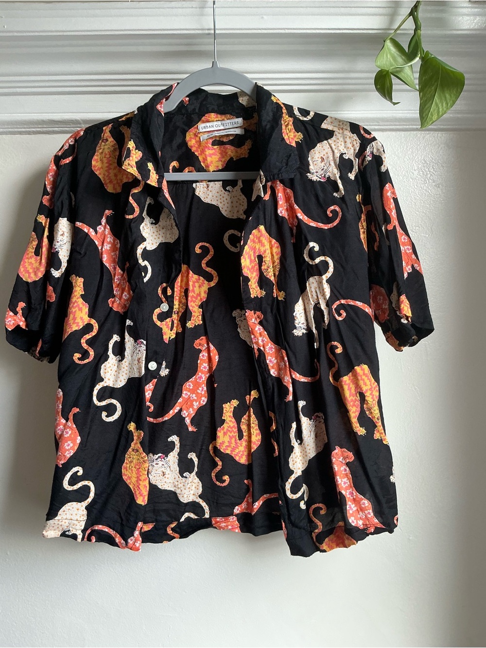 Urban Outfitters Cat Print Button Up Shirt Black Retro Y2K Size XS